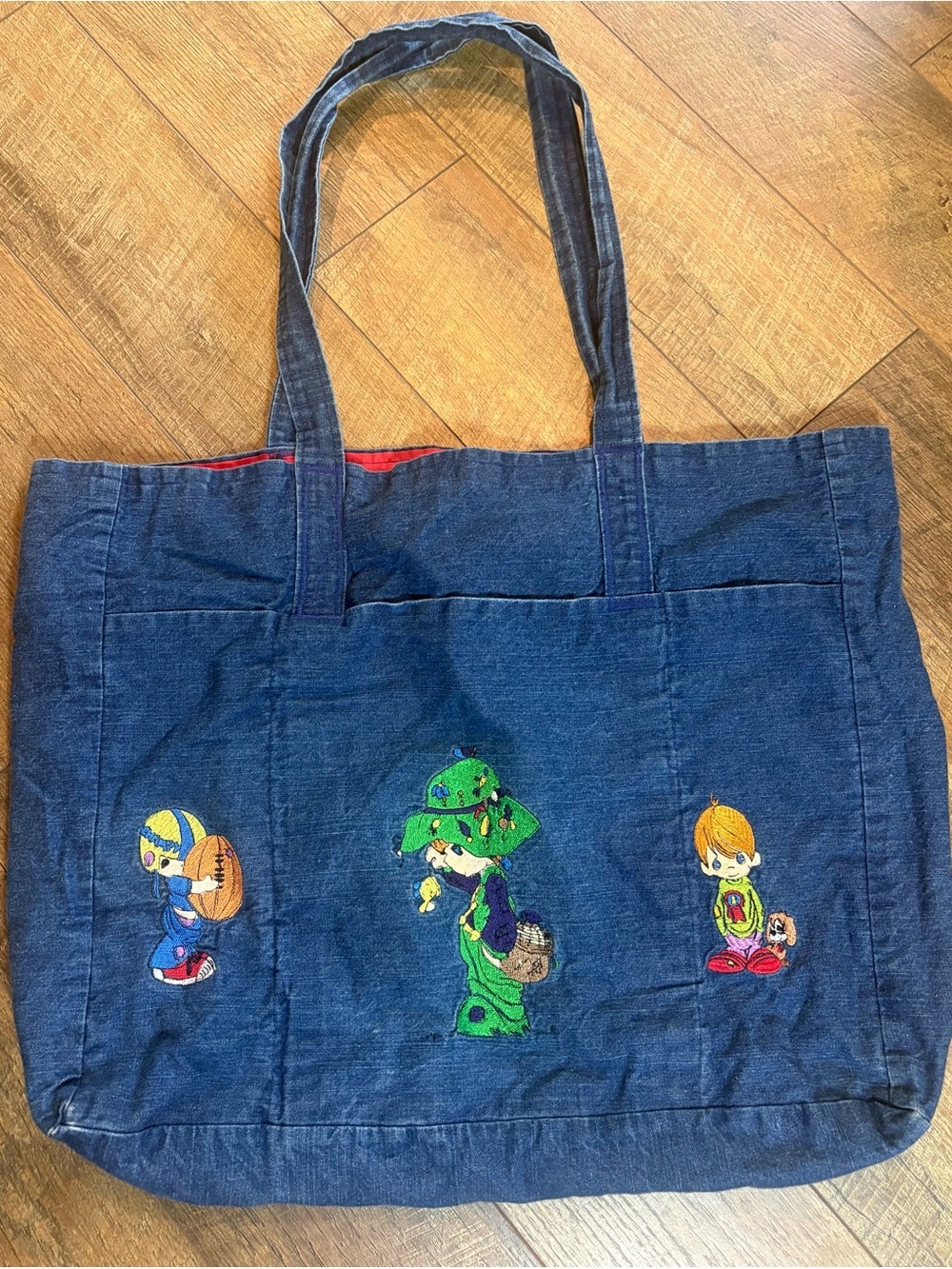 Large Handmade Denim Tote Bag Embroidered Storybook Characters Red Lining